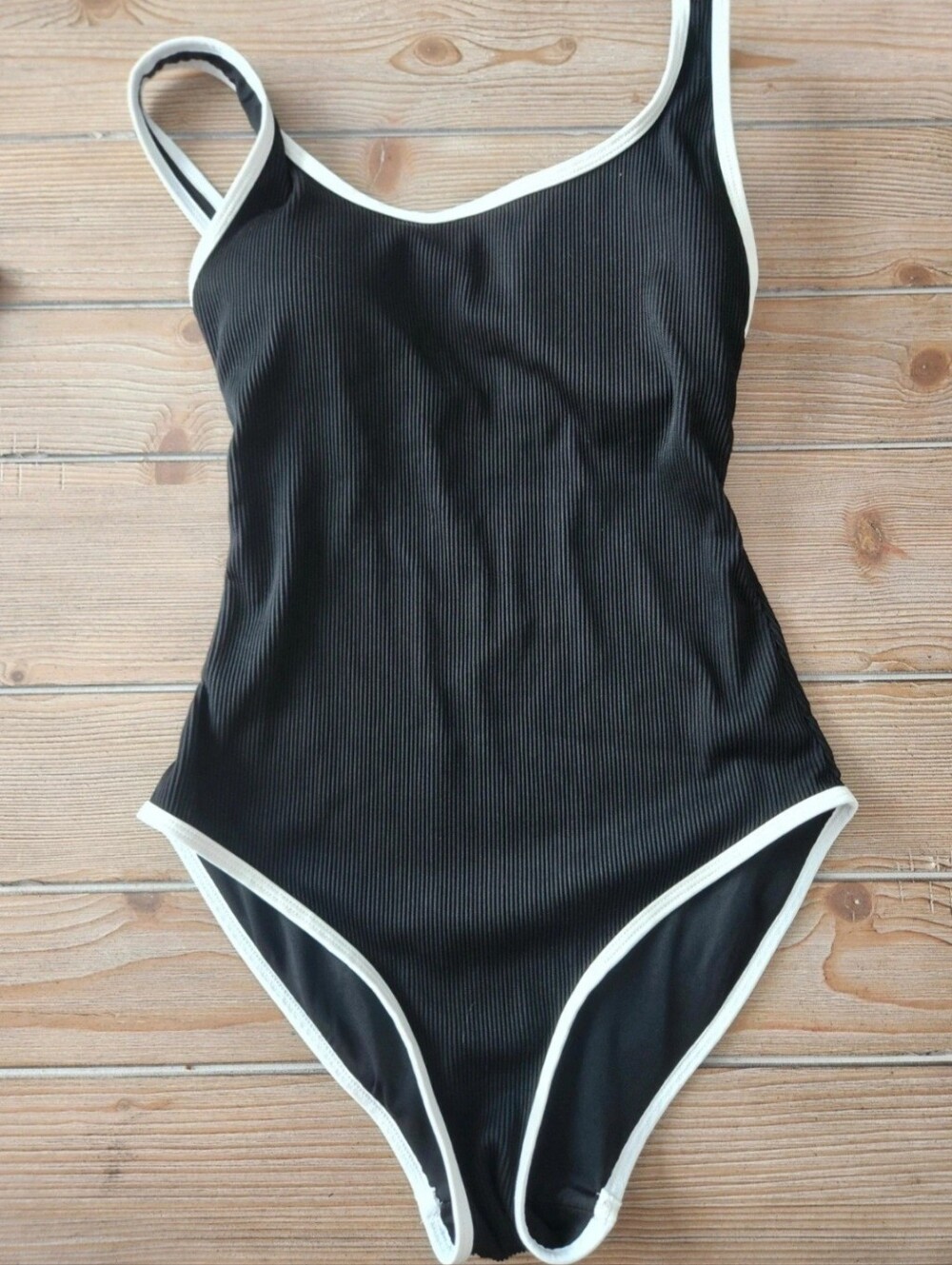 Classic Black One-Piece Swimsuit with White Trim Woman
